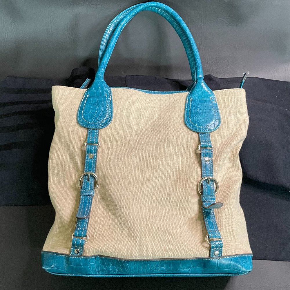 EMILIE M Canvas & Faux Leather Snakeskin Print Satchel Tote Purse Handbag EUC